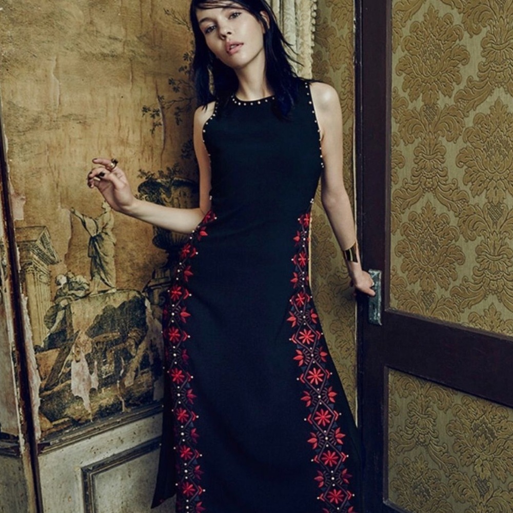 Cinq a Sept Faye Black Floral Embroidered Studded Goth Witchy Dress Size 4